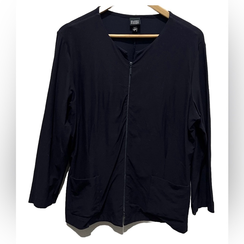 EILEEN FISHER Soft Crepe Stretch Zip Cardigan Jacket LS Shirt Top Black Large